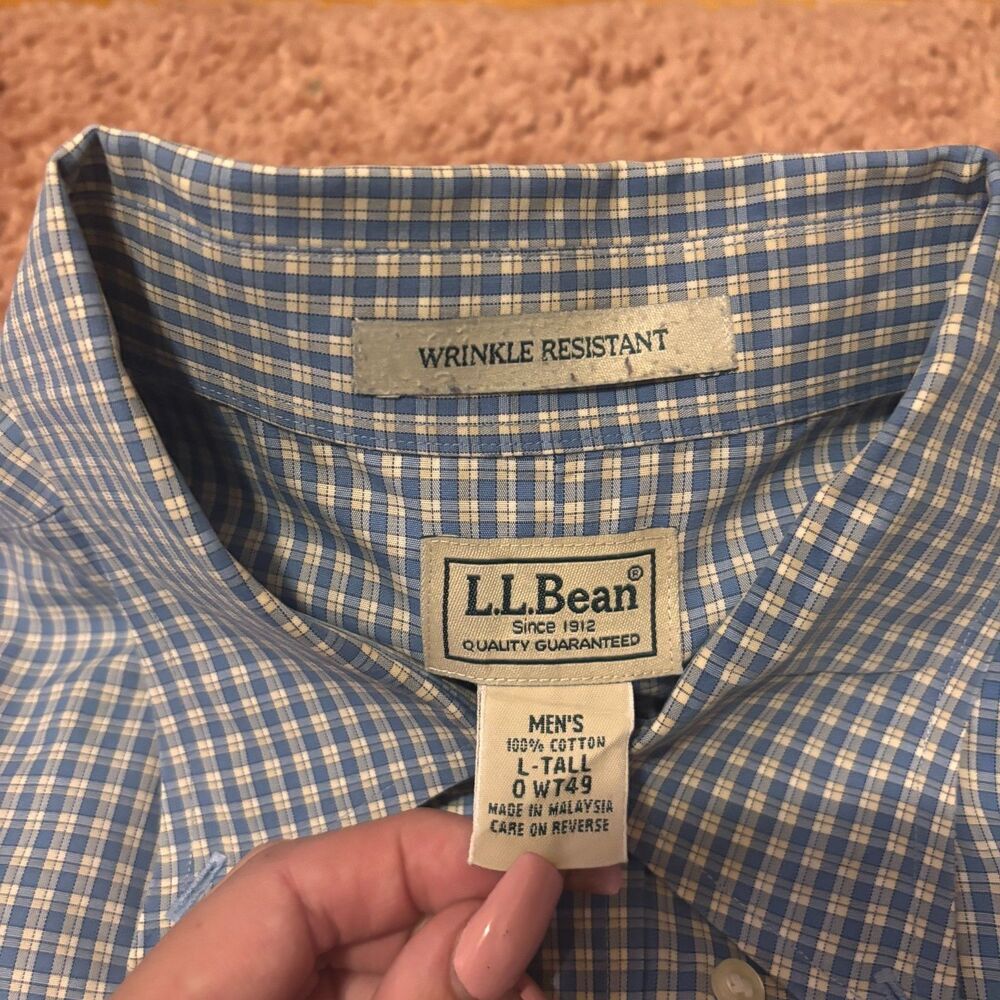 LL BEAN Men's Blue Check Grid Wrinkle Resistant Casual Button Shirt L-Tall VTG - Picture 3 of 7